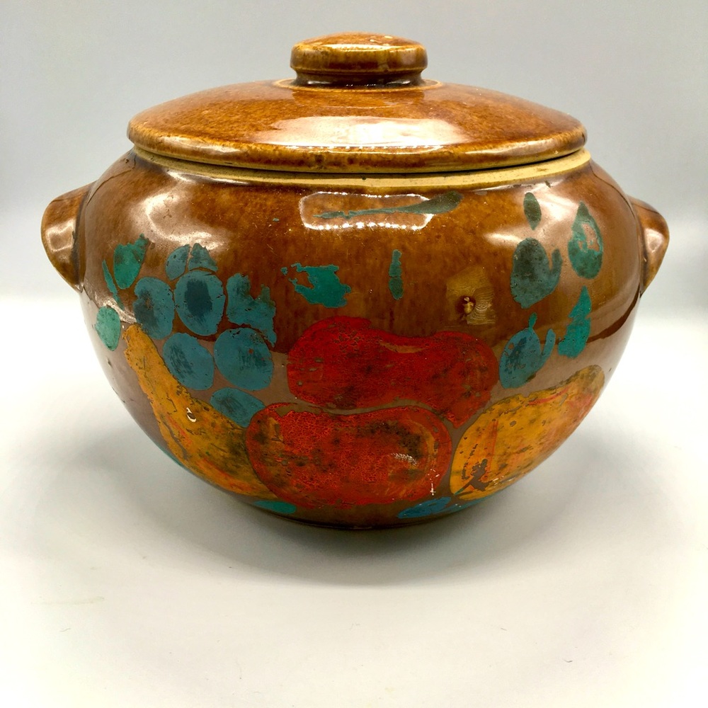 VTG USA Brown Glazed Lidded Bean Pot With Hand Painted Fruit, Signed, 7x9”